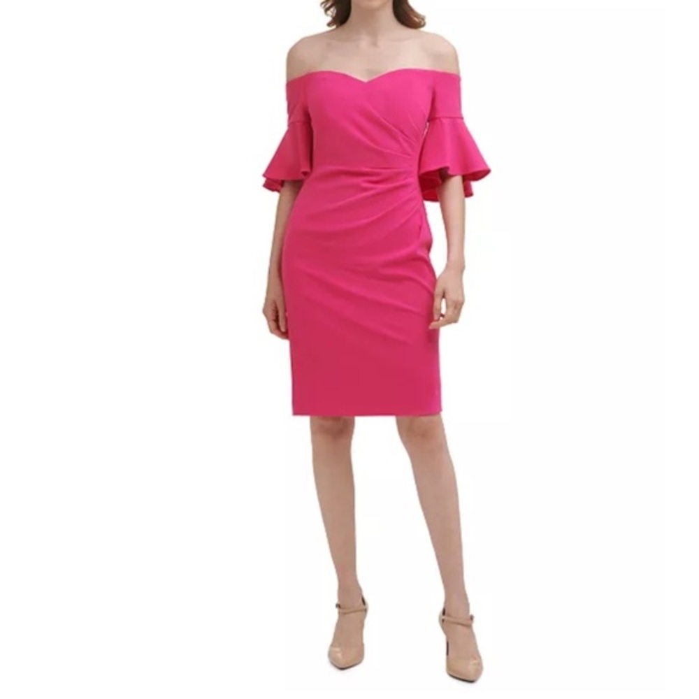 Calvin Klein - Off-the-Shoulder Ruffled-Cuff Dress‎